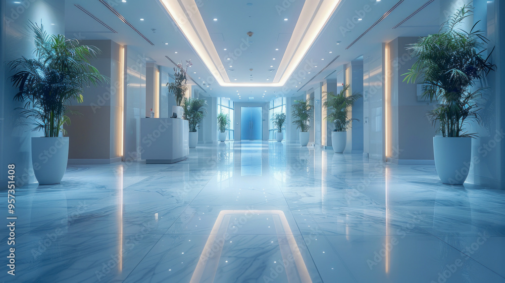 Fototapeta premium Long, empty hospital hallway with reflective blue floor