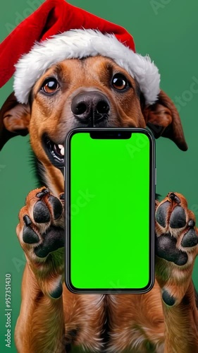 festive Christmas puppy dog in Santa hat holding smartphone with green chroma key screen, on festive Christmas tree lights background, new year sale promotions, app advertisements and holiday discount