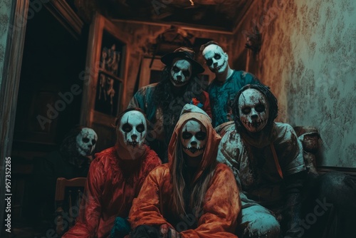 Group of people with scary masks in a dark room