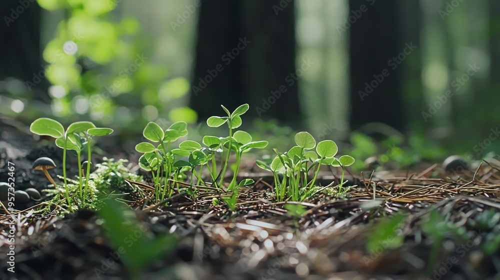A cluster of tiny emerald foliage protruding from the earth amidst a woodland, surrounded by verdant blades A cluster of tiny emerald foliage protruding from the earth amidst a woodland, surrounded by verdant blades