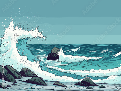 Nature's Raw Fury: A Minimalist Depiction of Waves Crashing Against a Rocky Shore