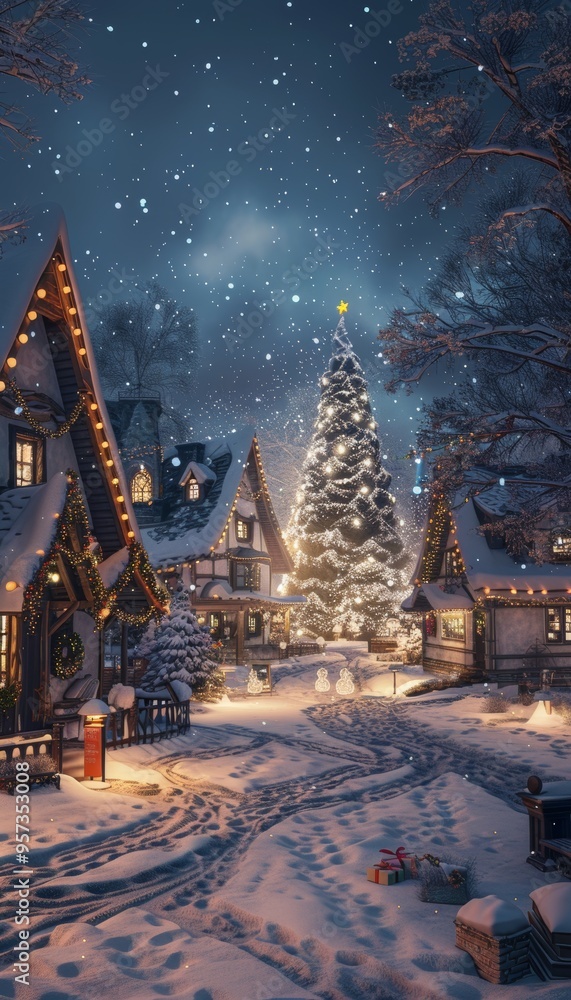 Snowy Christmas Village with Lights and Tree, Perfect for Holiday Cards and Posters Snowy Christmas Village with Lights and Tree, Perfect for Holiday Cards and Posters