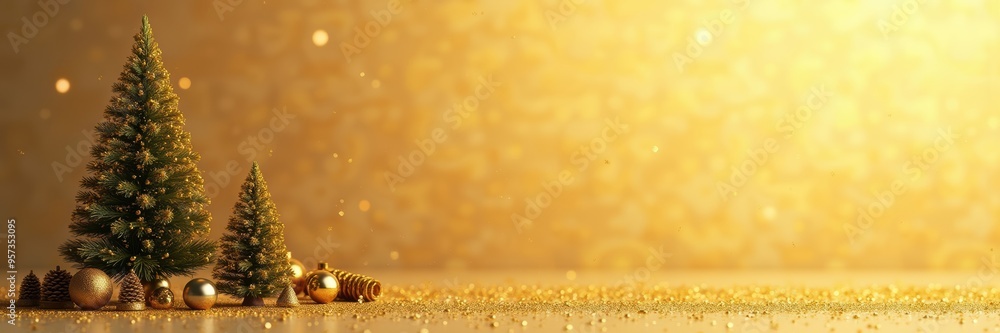Obraz premium A serene holiday scene featuring Christmas trees and ornaments against a shimmering golden background, perfect for festive designs and seasonal promotions.