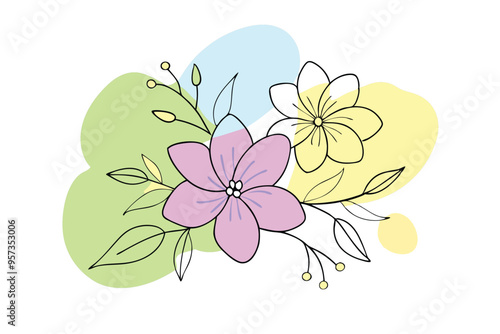 Spring sakura cherry blooming flowers bouquet. Isolated realistic pink petals, blossom, branches, leaves vector set. Design spring tree illustration