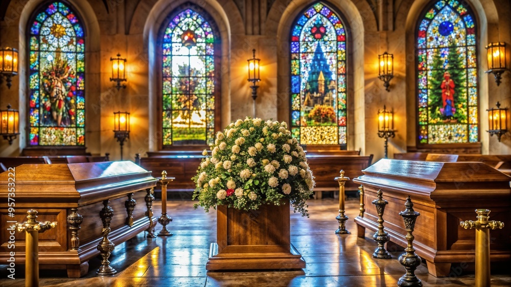 Obraz premium Elegant Funeral Setting with Flower-Adorned Coffin in Church