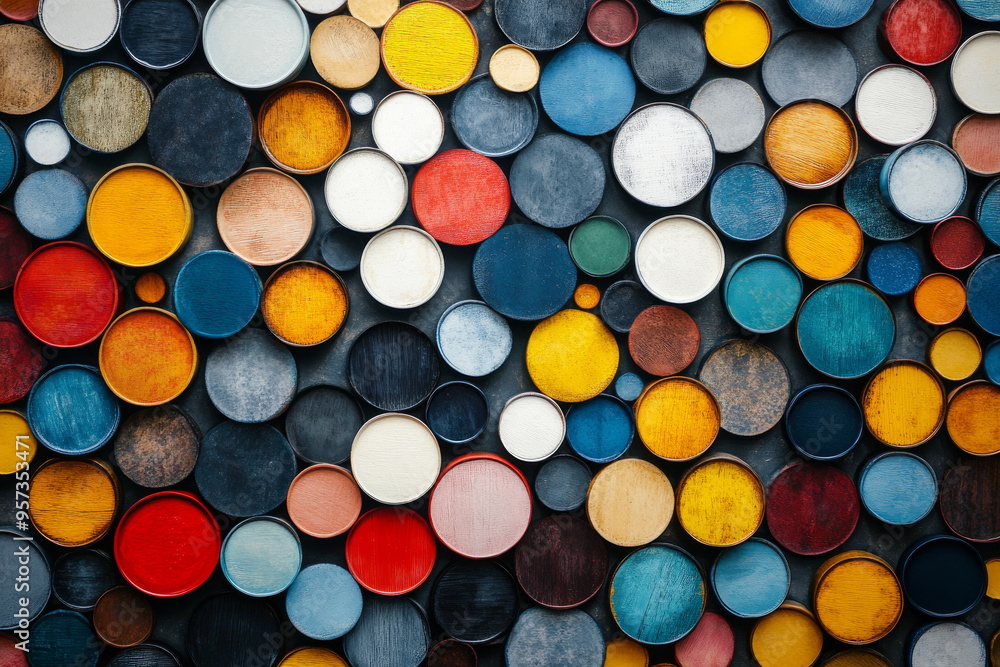 A colorful mosaic of circles made from different colored bottles A colorful mosaic of circles made from different colored bottles