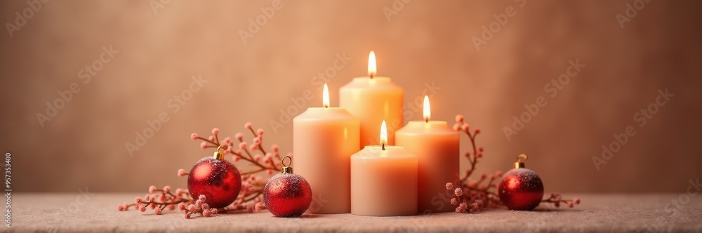 Elegant arrangement of candles and festive ornaments, perfect for holiday decor, warmth, and ambiance in home, retail, or event settings. Elegant arrangement of candles and festive ornaments, perfect for holiday decor, warmth, and ambiance in home, retail, or event settings.