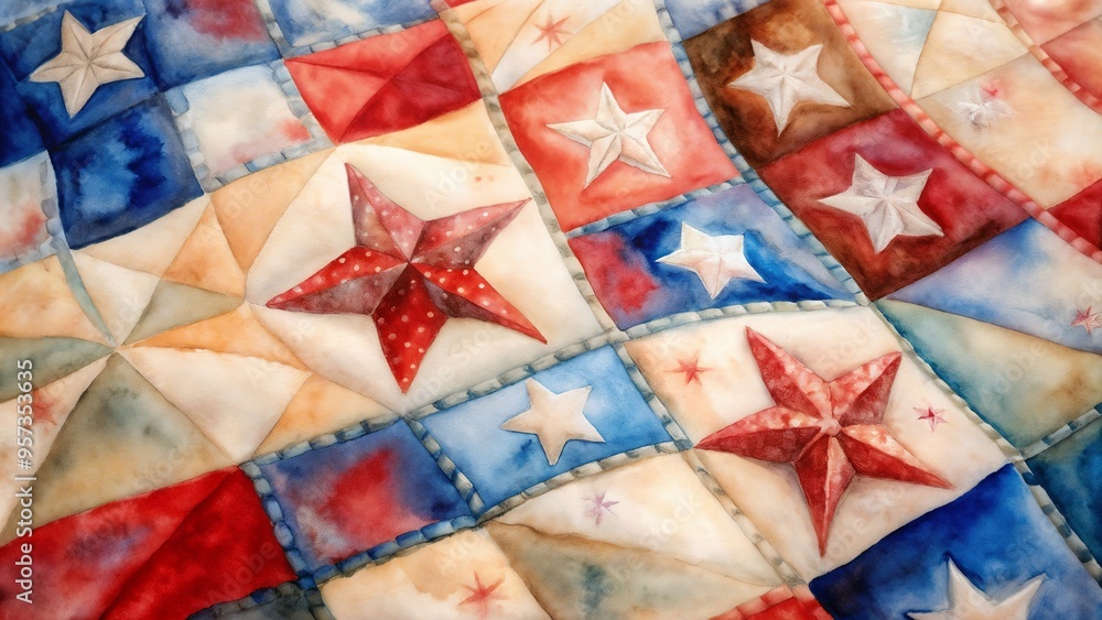 Watercolor Patriotic Quilt Background with Red, White, and Blue Patches Featuring Stars and Stripes on Light Beige Background Watercolor Patriotic Quilt Background with Red, White, and Blue Patches Featuring Stars and Stripes on Light Beige Background