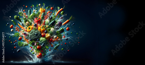 Vibrant explosion of assorted fruits and vegetables against a dark background, full of movement.