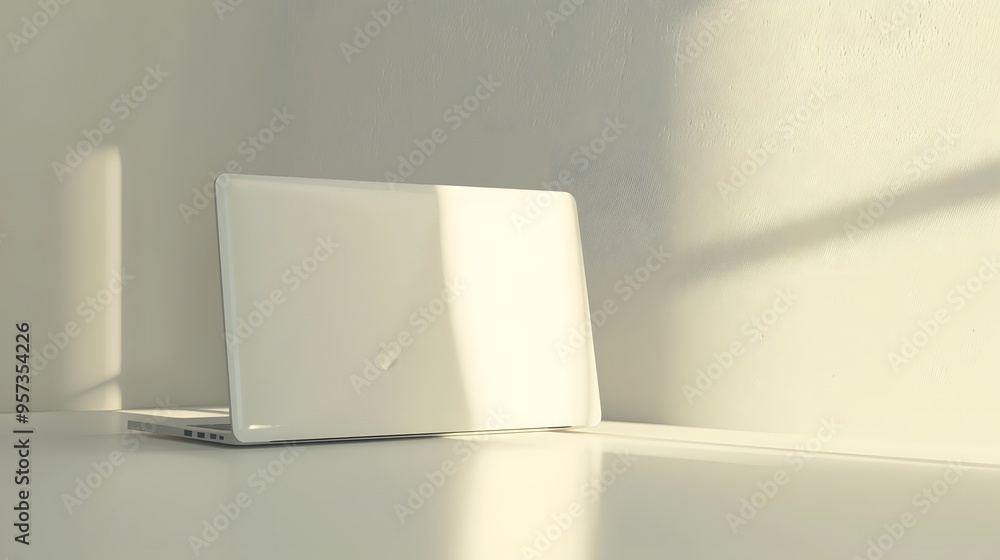 A 3D render of a sleek, modern white laptop placed on a minimalist desk against a soft, neutral background. A 3D render of a sleek, modern white laptop placed on a minimalist desk against a soft, neutral background.
