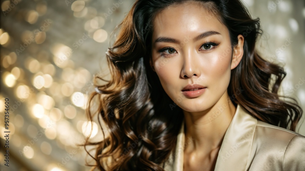 Naklejka premium Elegant Woman with Long Hair in Glamorous Lighting