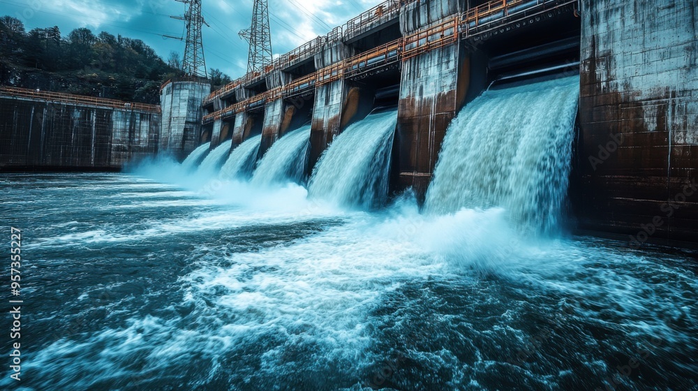 Closeup of the hydroelectric dam structure showing the powerful water flow through turbines generating clean energy Closeup of the hydroelectric dam structure showing the powerful water flow through turbines generating clean energy