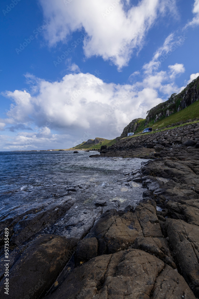Scenic, Rocky Beach, Water, nature, coastal, oceanic landforms, cliff, sea, shore, mountain, grass, plants, rocks, rock, landscape, sky, beach, coast, water, stone, travel, ocean, clouds, cloud, summe