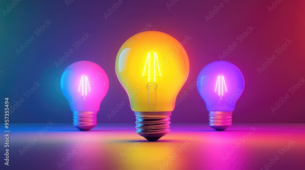 a colorful glowing idea bulb lamp, visualization of brainstorming and creative thinking a colorful glowing idea bulb lamp, visualization of brainstorming and creative thinking