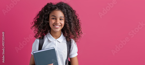 Smiling Schoolgirl with Curly Hair Holding Books on Vibrant Pink Background - Education Concept