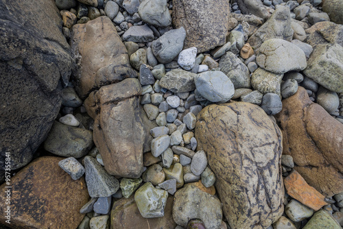 A group of rocks outdoors, featuring various types such as boulders, limestone, and igneous rock. The image shows rocks scattered on the ground of different sizes and shapes.