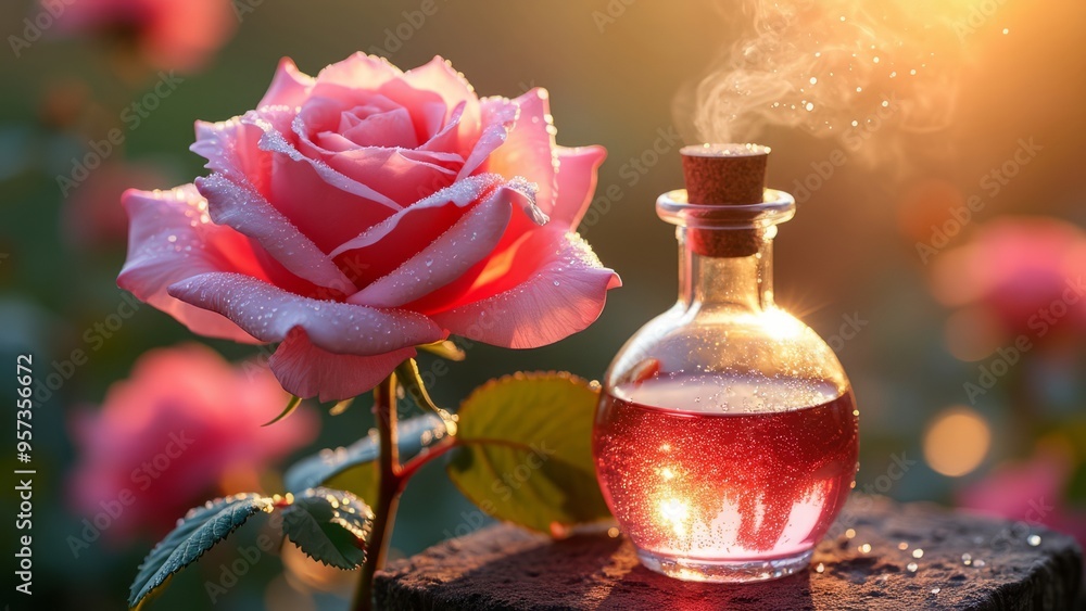 Visualization of the smell of a rose. In the center of the image are blooming rose flowers shining in the sun, covered with dew. Remarkable details such Visualization of the smell of a rose. In the center of the image are blooming rose flowers shining in the sun, covered with dew. Remarkable details such