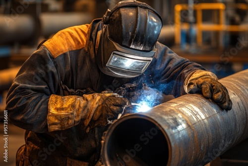 A welder wearing mask and eye protection is butt welding a flange to a pipe photo