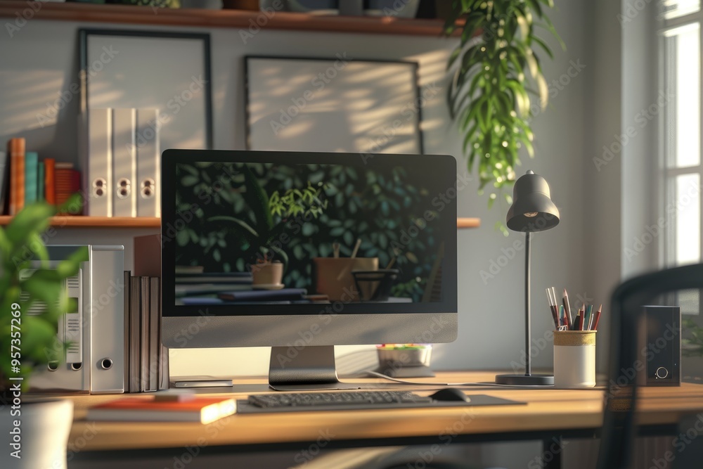 Stylish workspace with computer supplies plant and books. Stylish workspace with computer supplies plant and books.