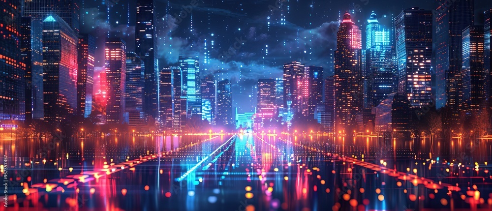 Abstract technology background illustration of a city at night 