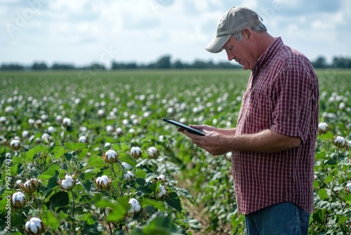 Crop consultant uses tablet to make notes of his observations while checking field of no till cotton in peak fruit development stage