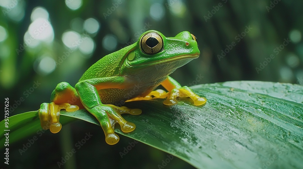 A detailed shot of a frog perched on a leaf, featuring droplets on its limbs and an out-of-focus surroundings A detailed shot of a frog perched on a leaf, featuring droplets on its limbs and an out-of-focus surroundings