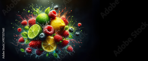 A vibrant burst of fresh fruit with water droplets against a dark background.
