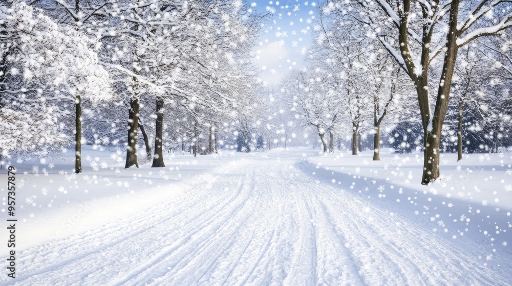 Gentle snowflakes dance through the crisp winter air over a serene snowy road beneath a bright blue sky
