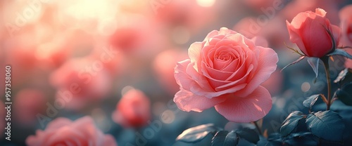 A single pink rose blooms in a field of roses bathed in golden sunlight.