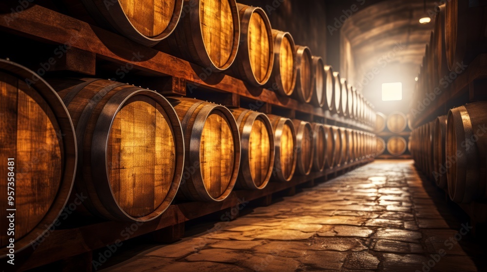 Wooden barrels of aged wine. Old wine cellar with many oak barrels, equipment for wine production. Neural network ai generated art Wooden barrels of aged wine. Old wine cellar with many oak barrels, equipment for wine production. Neural network ai generated art