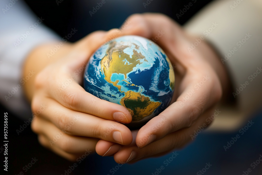 Two hands holding a globe on a green background for an environmental protection. Generative AI. Two hands holding a globe on a green background for an environmental protection. Generative AI.
