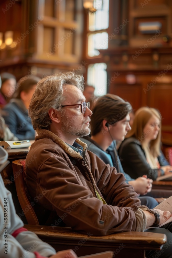 Adult Student Attending History Lecture in Classic University Hall - Academic Atmosphere and Learning Adult Student Attending History Lecture in Classic University Hall - Academic Atmosphere and Learning