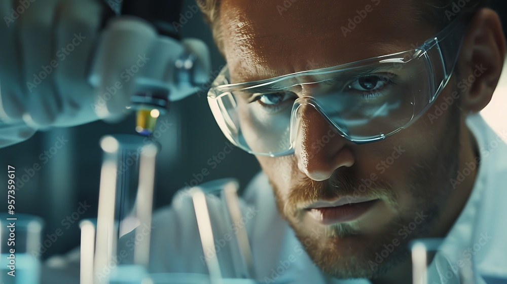 Close-up of a scientist in a laboratory, carefully analyzing samples and recording data, highlighting the precision and concentration required in scientific research, photographed with HD clarity Close-up of a scientist in a laboratory, carefully analyzing samples and recording data, highlighting the precision and concentration required in scientific research, photographed with HD clarity