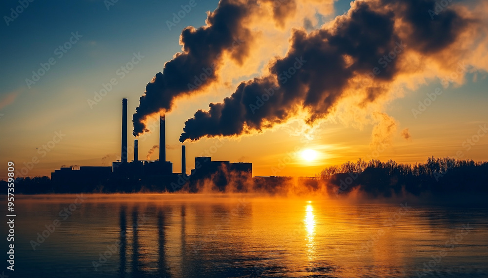 Silhouette of a city under global warming effect. Seeing the pollution from the chimney and smog all around the city. Generative AI. Silhouette of a city under global warming effect. Seeing the pollution from the chimney and smog all around the city. Generative AI.