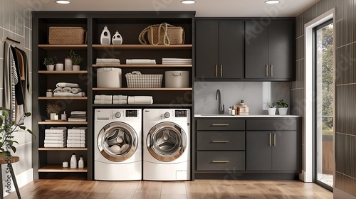 Contemporary laundry room with a functional layout featuring easy-to-use appliances and storage