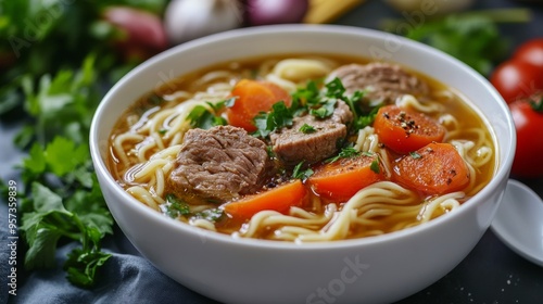 Hungarian national cuisine: Noodles with meat. 