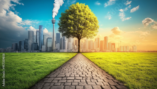 Fototapeta Naklejka Na Ścianę i Meble -  A tree on a green grass against blurred green and city background for an environmental protection. Generative AI.