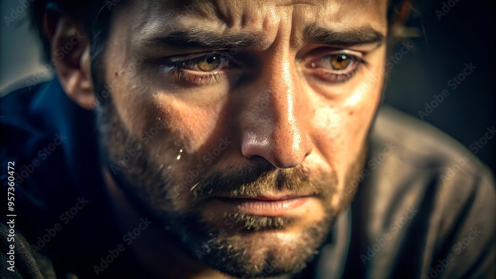 Close-up of a distressed man with teary eyes reflecting deep emotions and sadness Close-up of a distressed man with teary eyes reflecting deep emotions and sadness