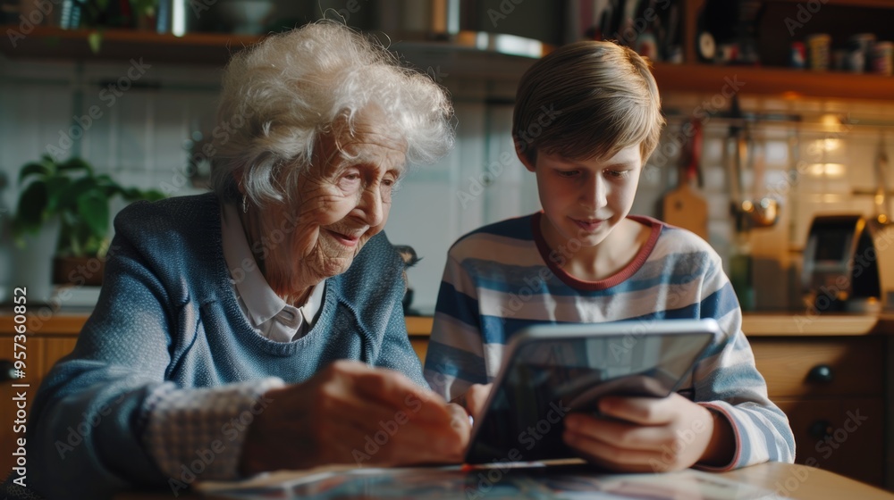 Intergenerational Learning: Grandson Teaching Elderly Grandmother to Use Tablet for Video Calls Intergenerational Learning: Grandson Teaching Elderly Grandmother to Use Tablet for Video Calls