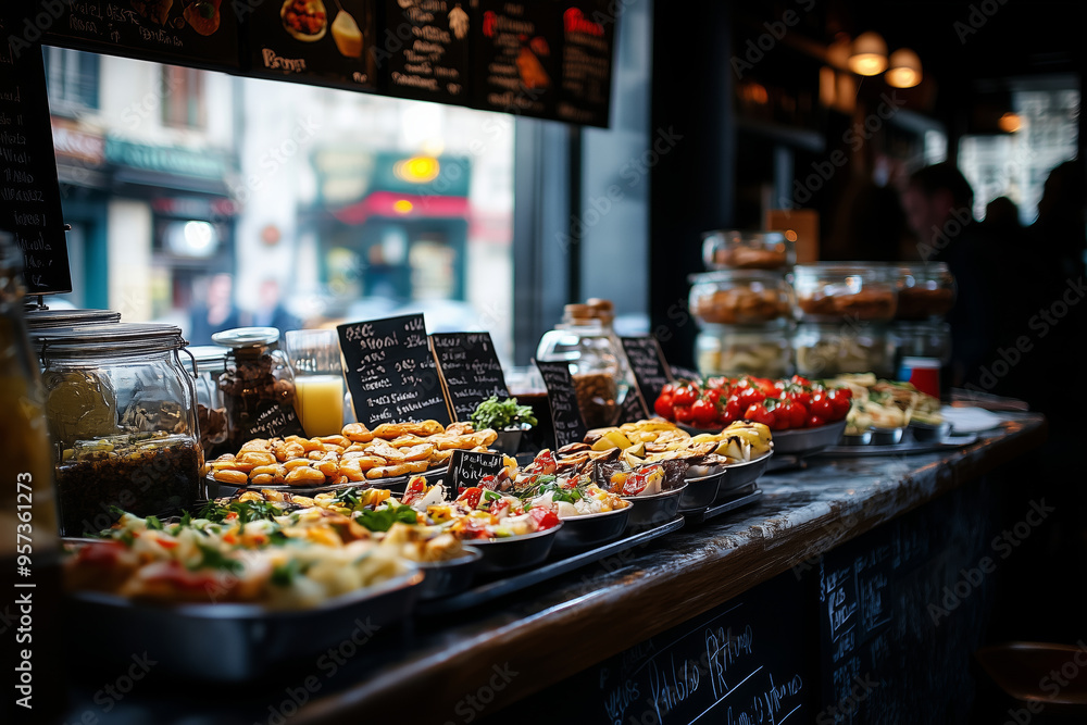 Naklejka premium Delightful assortment of tapas at a cozy bar in San Sebastian during a bustling evening