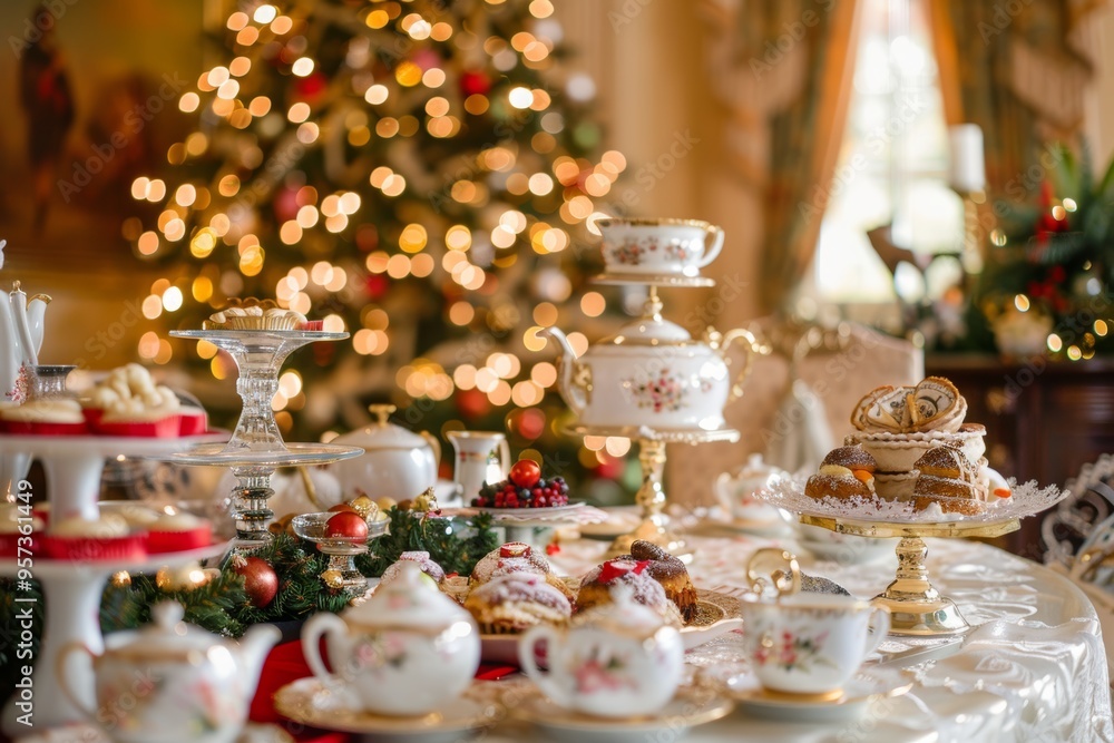 Fine China Christmas Tea Party Setup with Holiday Themed Pastries and Decorated Table