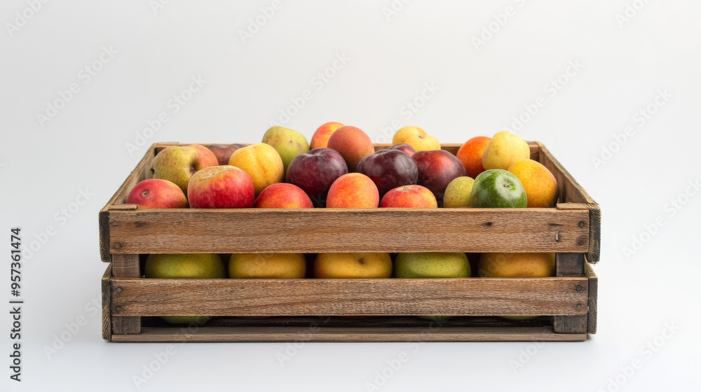 A plain wooden box for fruits, shown against a white backdrop. A plain wooden box for fruits, shown against a white backdrop.