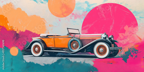 Vintage car with vibrant abstract background: exploring retro automotive design in modern art