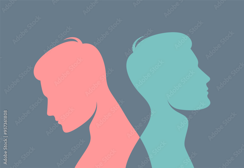 Two colored human silhouettes back to back, flat vector illustration Two colored human silhouettes back to back, flat vector illustration