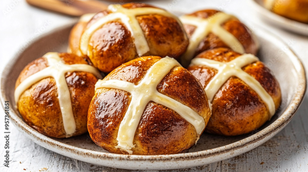 golden hot cross buns sits on a white table, symbolizing tradition and Easter celebrations. The buns, marked with a cross, convey warmth, comfort, and a sense of togetherness golden hot cross buns sits on a white table, symbolizing tradition and Easter celebrations. The buns, marked with a cross, convey warmth, comfort, and a sense of togetherness