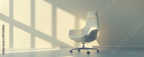 A 3D render of a white modern office chair with a sleek design, placed against a plain, neutral backdrop. The high key lighting highlights the chaira??s smooth upholstery and contemporary style. photo