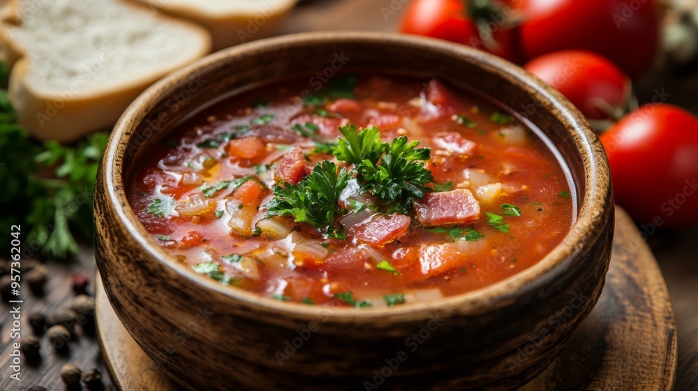Hungarian national cuisine: Soup with bacon, tomatoes and garlic. Hungarian national cuisine: Soup with bacon, tomatoes and garlic.