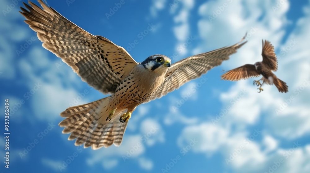 Fototapeta premium Falcon's hunt in blue sky, Bird: Kestrel