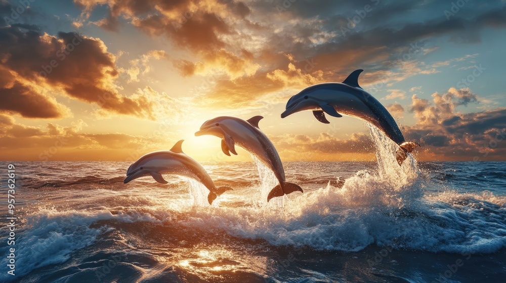 herd of dolphins fish jumping from water on sunset sea herd of dolphins fish jumping from water on sunset sea