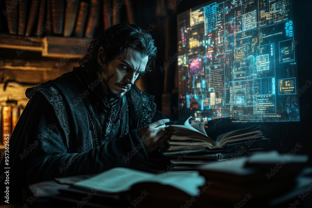 Obraz premium Dracula contemplates ancient secrets while interacting with a digital interface in a dark, mystical chamber